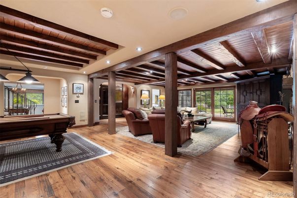 Billiard Table, Game Room, Interior, Living room, Pendant Lights, Recessed Lighting, Wooden Beams, Wooden Ceilings, Wood Texture Flooring