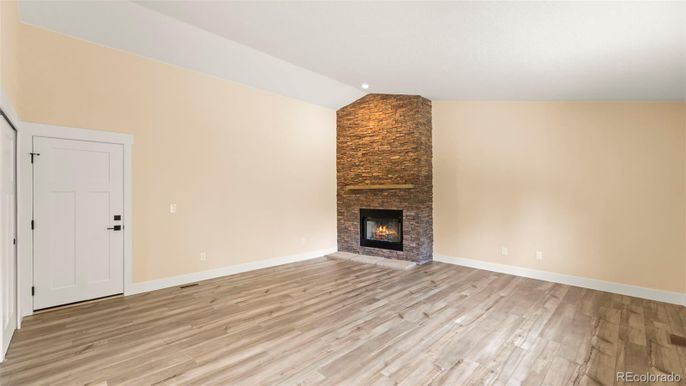 Empty room, Fireplace, Interior, Recessed Lighting, Wood Texture Flooring