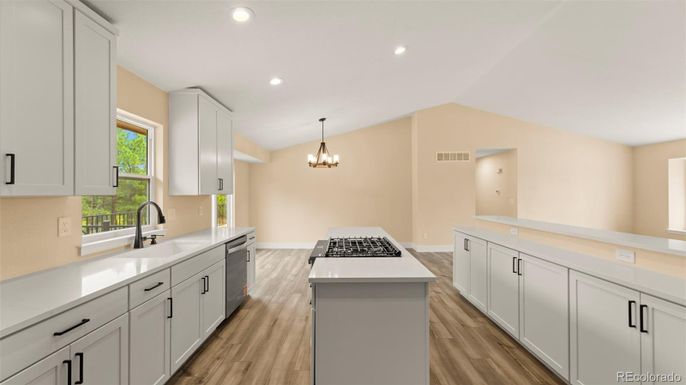 Chandelier, Interior, Kitchen, Recessed Lighting, Wood Texture Flooring