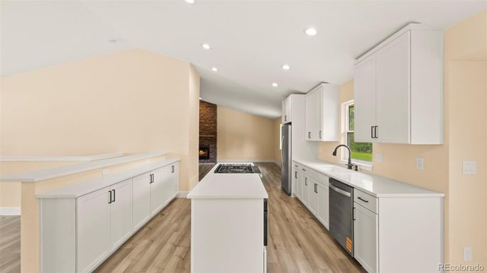 Fireplace, Interior, Kitchen, Recessed Lighting, Wood Texture Flooring