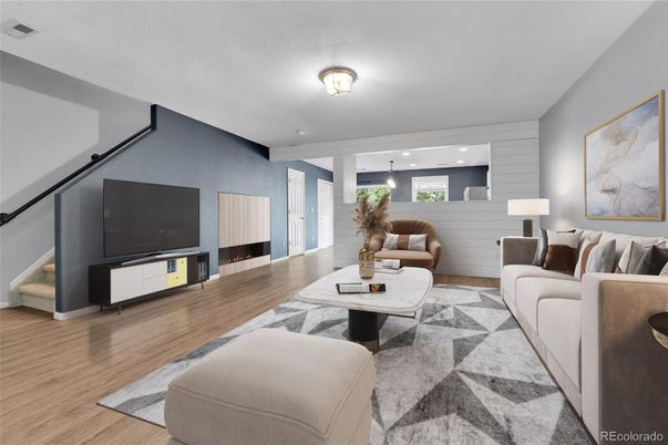 Fireplace, Interior, Living room, Recessed Lighting, Wood Texture Flooring