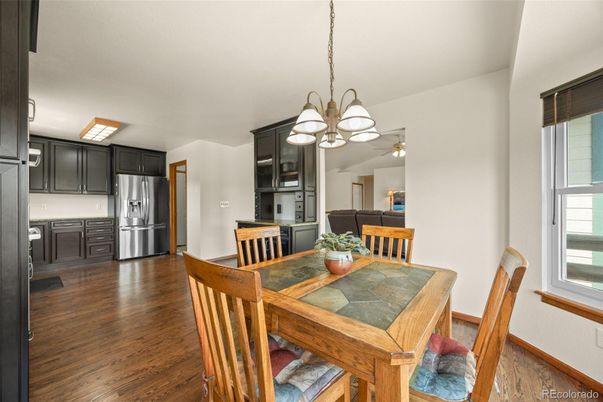 Chandelier, Dining room, Interior, Kitchen, Stainless Steel Appliances, Wood Texture Flooring
