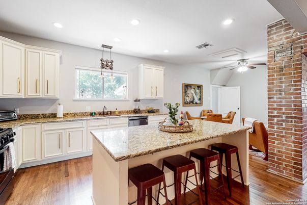 Interior, Kitchen, Pendant Lights, Recessed Lighting, Stone Walls, Wood Texture Flooring