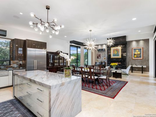 Dining room, Fireplace, Interior, Kitchen, Living room, Pendant Lights, Recessed Lighting, Stainless Steel Appliances