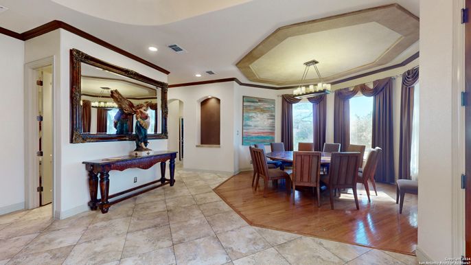 Dining room, Interior, Pendant Lights, Recessed Lighting, Wood Texture Flooring