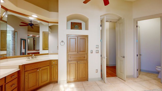 Bathroom, Dual Sink Vanities, Interior, Recessed Lighting, Wood Texture Flooring