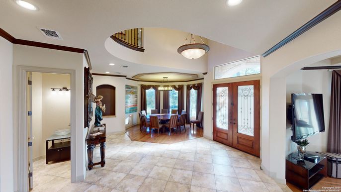 Chandelier, Dining room, Interior, Pendant Lights, Recessed Lighting, Wood Texture Flooring