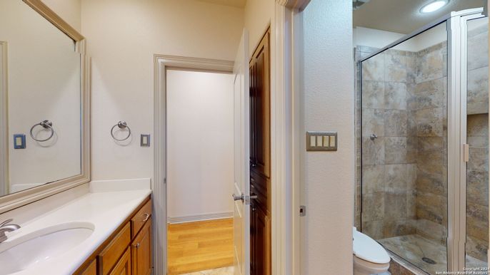 Bathroom, Glass Shower, Interior, Recessed Lighting, Wood Texture Flooring