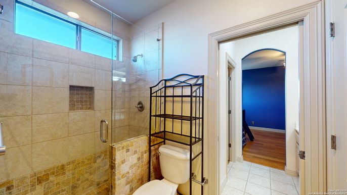 Bathroom, Glass Shower, Interior, Recessed Lighting, Wood Texture Flooring