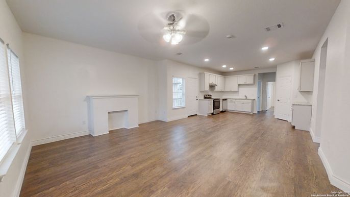 Empty room, Interior, Kitchen, Recessed Lighting, Wood Texture Flooring