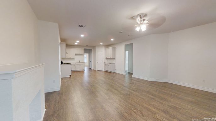 Empty room, Interior, Kitchen, Recessed Lighting, Wood Texture Flooring