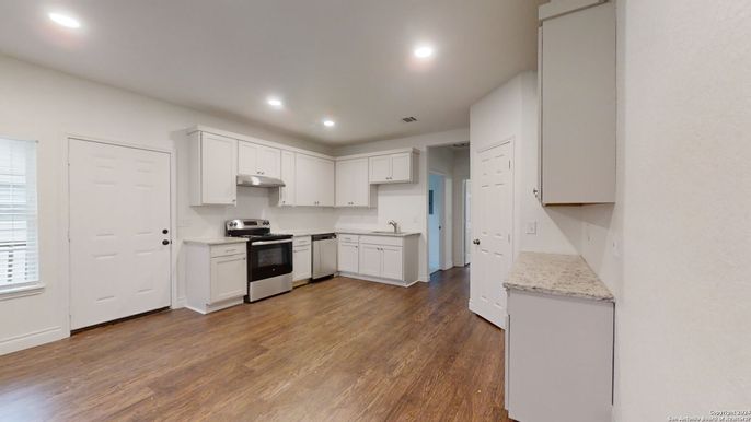 Interior, Kitchen, Recessed Lighting, Stainless Steel Appliances, Wood Texture Flooring