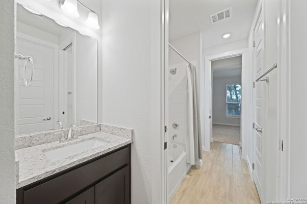 Bathroom, Interior, Recessed Lighting, Wood Texture Flooring