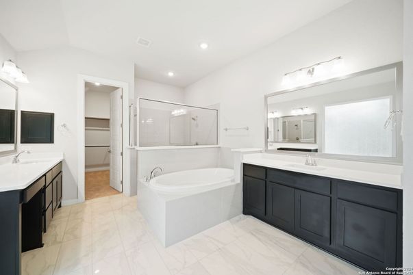 Bathroom, Dual Sink Vanities, Glass Shower, Interior, Marble, Recessed Lighting
