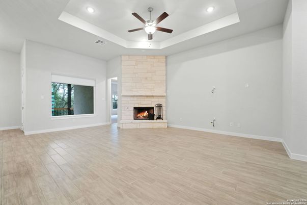 Empty room, Fireplace, Interior, Recessed Lighting, Wood Texture Flooring