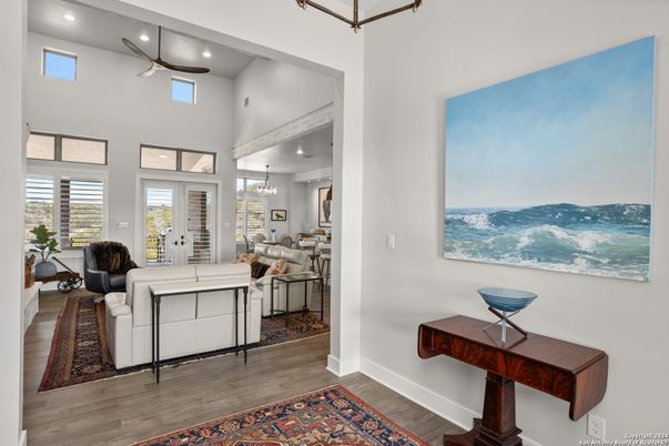 Chandelier, Interior, Living room, Recessed Lighting, Wood Texture Flooring