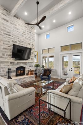 Fireplace, Interior, Living room, Recessed Lighting, Stone Walls