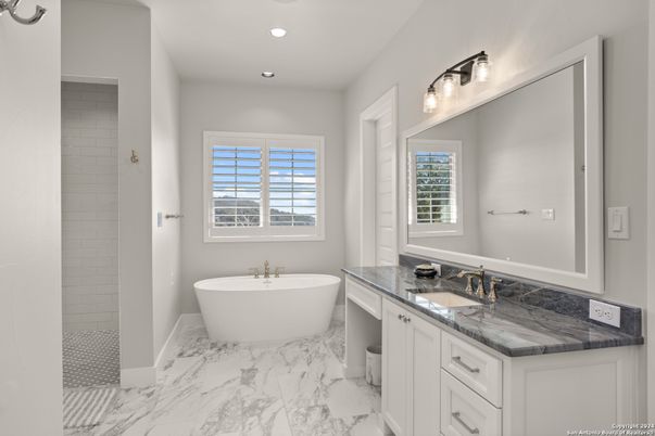 Bathroom, Dual Sink Vanities, Free Standing Baths, Interior, Marble, Recessed Lighting