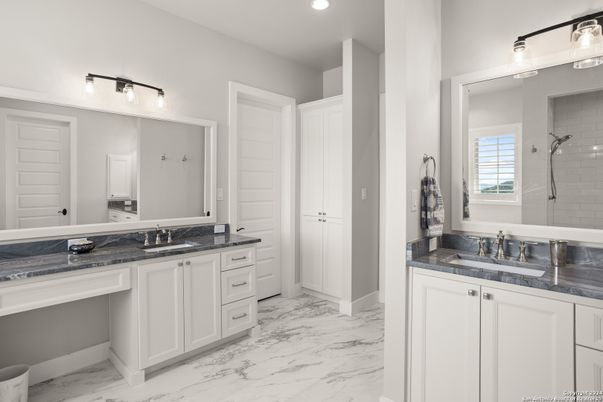 Bathroom, Dual Sink Vanities, Interior, Marble, Recessed Lighting
