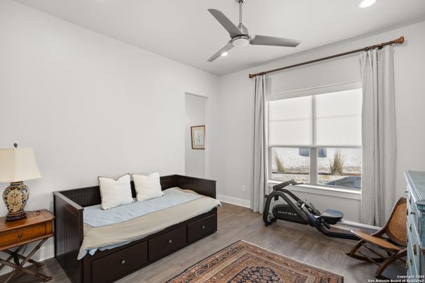 Bedroom, Fitness Equipment, Interior, Recessed Lighting, Water, Wood Texture Flooring