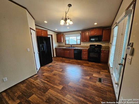 Chandelier, Interior, Kitchen, Pendant Lights, Recessed Lighting, Wood Texture Flooring