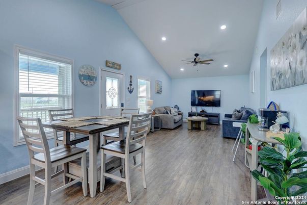Dining room, Interior, Living room, Recessed Lighting, Wood Texture Flooring