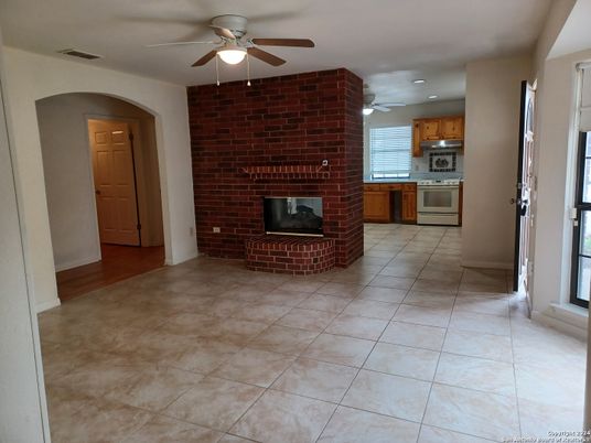 Fireplace, Interior, Kitchen, Recessed Lighting, Stone Walls