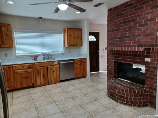 Fireplace, Interior, Kitchen, Recessed Lighting, Stone Walls