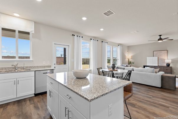 Dining room, Interior, Kitchen, Living room, Recessed Lighting, Wood Texture Flooring