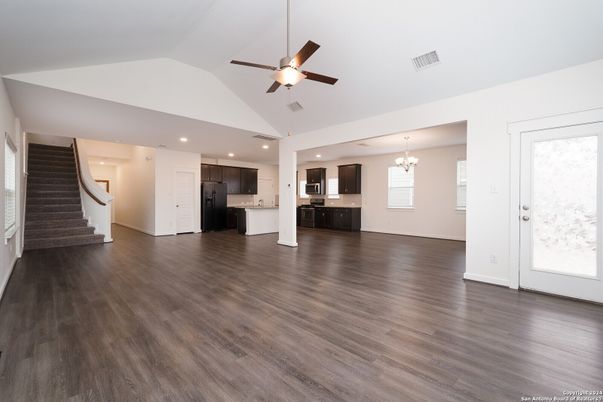 Chandelier, Empty room, Interior, Kitchen, Recessed Lighting, Wood Texture Flooring