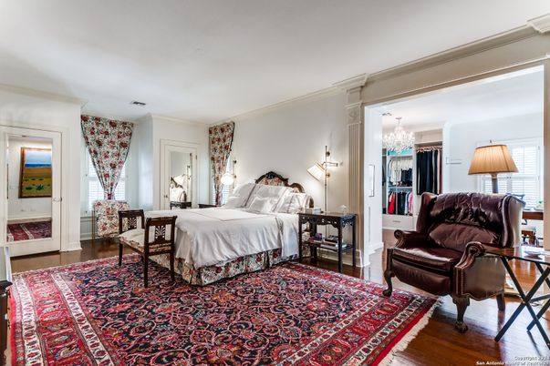 Bedroom, Chandelier, Interior, Wood Texture Flooring