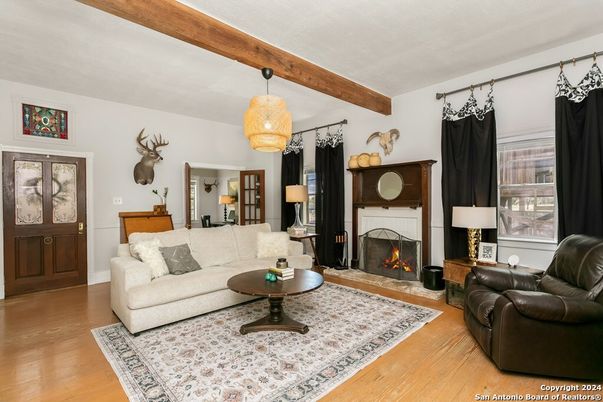 Fireplace, Interior, Living room, Pendant Lights, Wooden Beams, Wood Texture Flooring