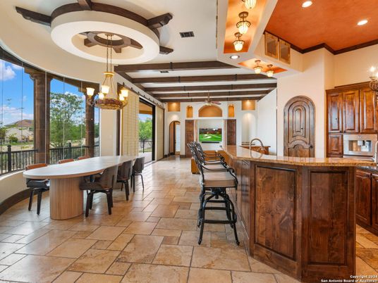Chandelier, Dining room, Interior, Pendant Lights, Recessed Lighting, Wooden Beams