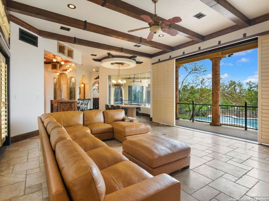 Chandelier, Dining room, Interior, Living room, Recessed Lighting, Wooden Beams