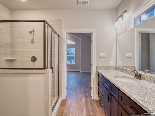 Bathroom, Glass Shower, Interior, Recessed Lighting, Wood Texture Flooring