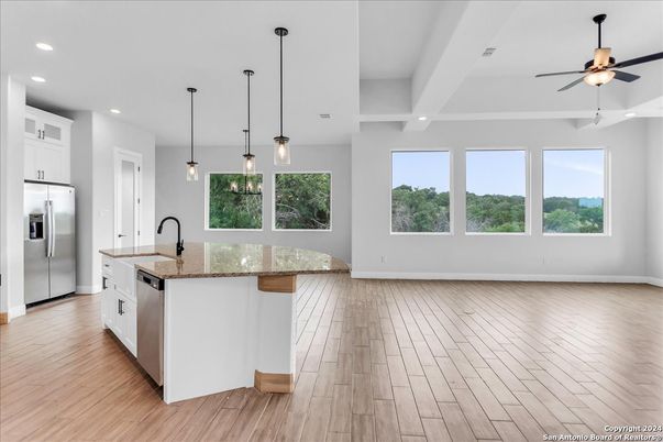 Interior, Kitchen, Pendant Lights, Recessed Lighting, Stainless Steel Appliances, Wood Texture Flooring