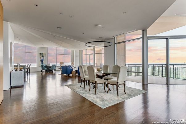 Dining room, Interior, Pendant Lights, Recessed Lighting, Wood Texture Flooring
