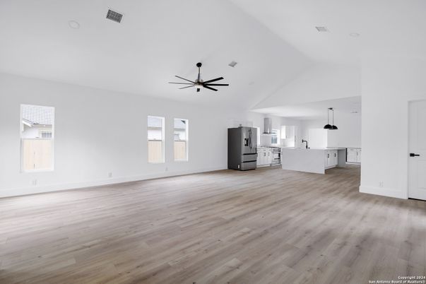Empty room, Interior, Kitchen, Pendant Lights, Wood Texture Flooring