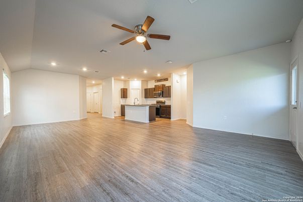 Empty room, Interior, Kitchen, Recessed Lighting, Wood Texture Flooring
