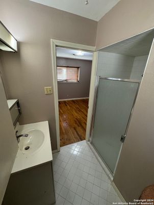Bathroom, Glass Shower, Interior, Wood Texture Flooring