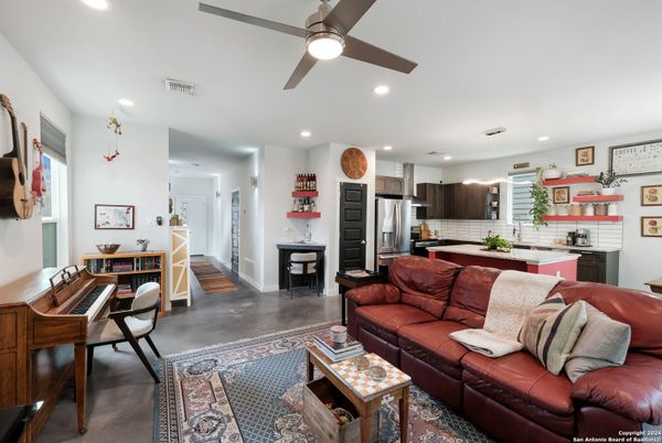 Interior, Kitchen, Living room, Piano, Recessed Lighting, Stainless Steel Appliances, Wood Texture Flooring