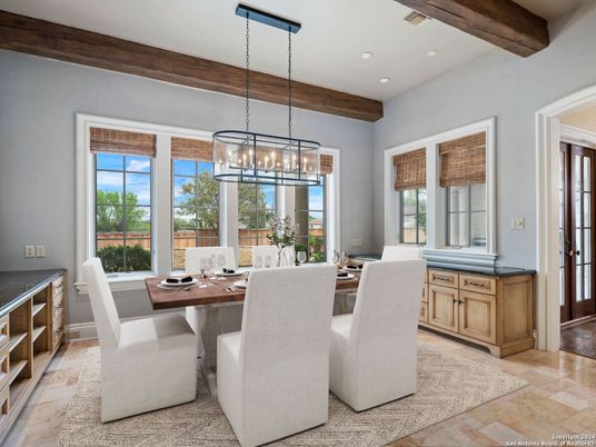 Dining room, Interior, Pendant Lights, Recessed Lighting, Wooden Beams