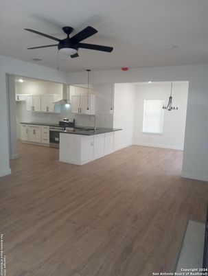 Empty room, Interior, Kitchen, Recessed Lighting, Wood Texture Flooring