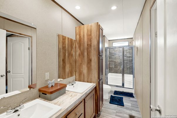 Bathroom, Dual Sink Vanities, Glass Shower, Interior, Recessed Lighting, Wood Texture Flooring