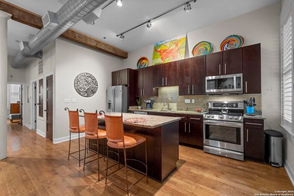 Interior, Kitchen, Stainless Steel Appliances, Wooden Beams, Wood Texture Flooring