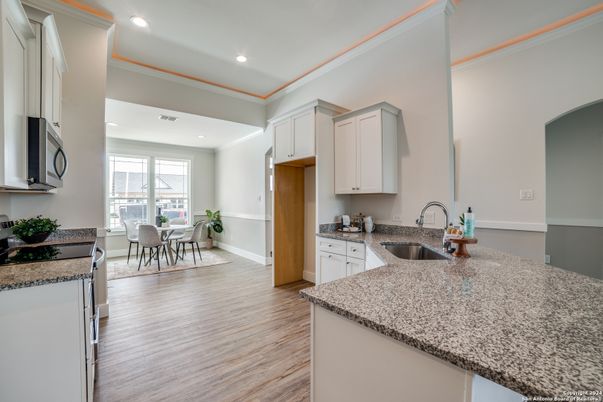 Dining room, Interior, Kitchen, Recessed Lighting, Wood Texture Flooring