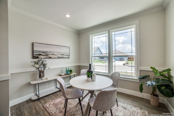 Dining room, Interior, Recessed Lighting, Wood Texture Flooring