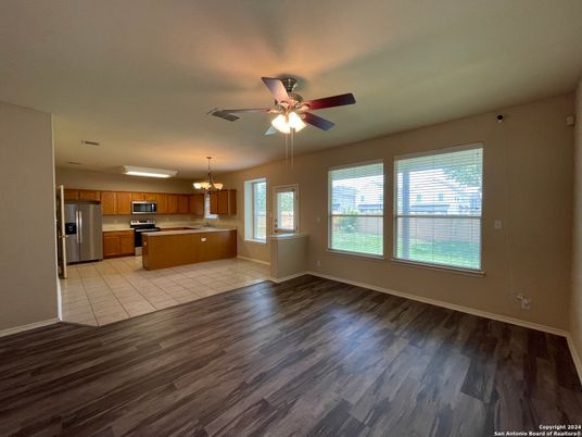 Chandelier, Empty room, Interior, Kitchen, Stainless Steel Appliances, Wood Texture Flooring