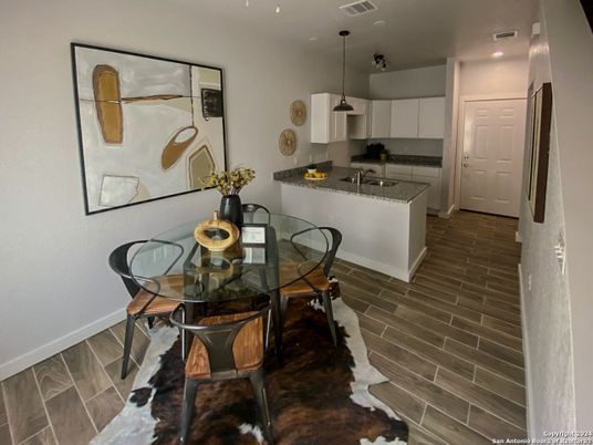 Dining room, Interior, Kitchen, Pendant Lights, Recessed Lighting, Wood Texture Flooring
