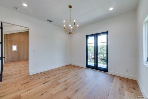 Empty room, Interior, Pendant Lights, Recessed Lighting, Wood Texture Flooring, Wooden Walls